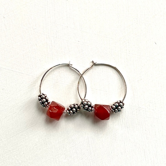 Handcrafted Carnelian and Sterling Silver Hoop Earrings - Picture 2 of 4